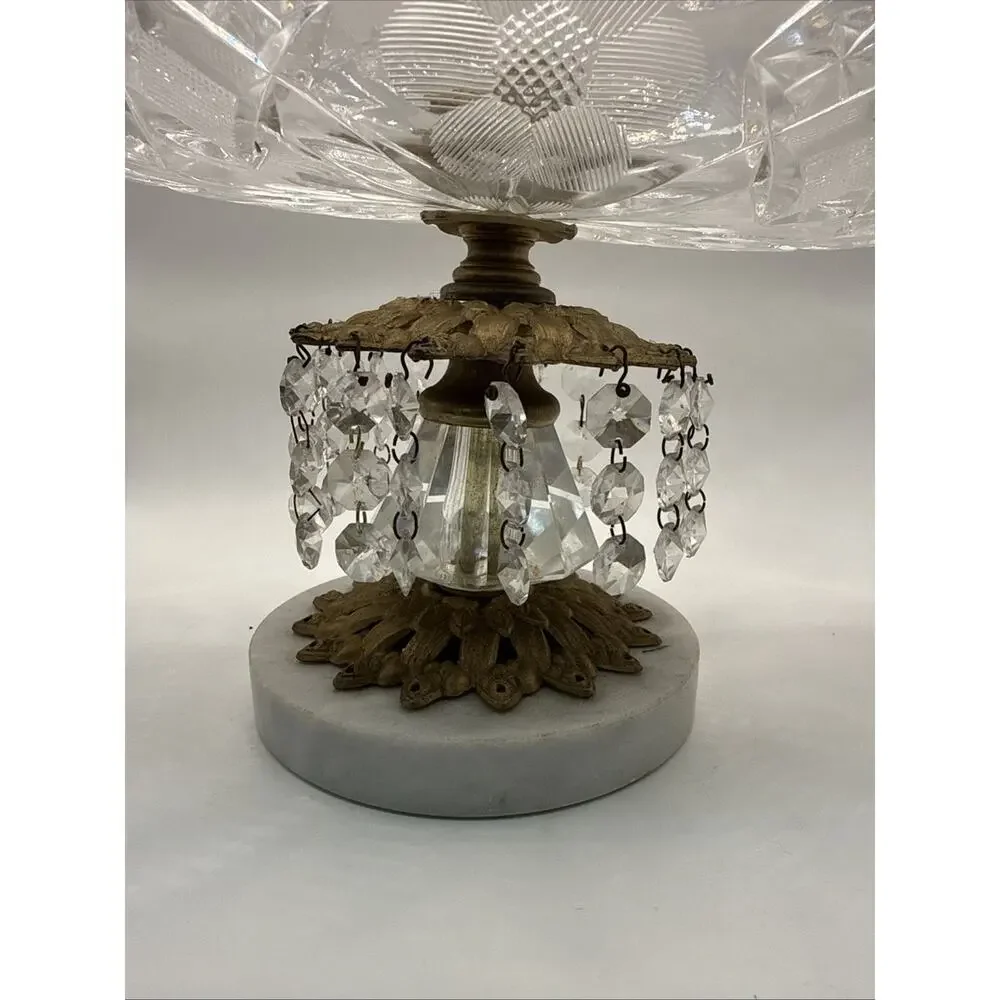 Vintage Hollywood Regency Crystal Brass Marble 7.5”Candy Dish With Crystals *